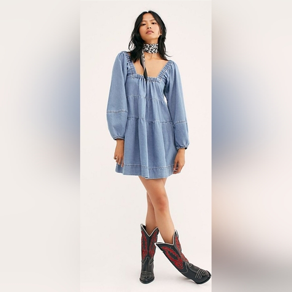 Free People Dresses & Skirts - Free People Light Blue Long Sleeve Mini Dress